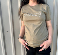 kendrick Farming Takes A Family Graphic Tee in heather olive - women's t-shirt