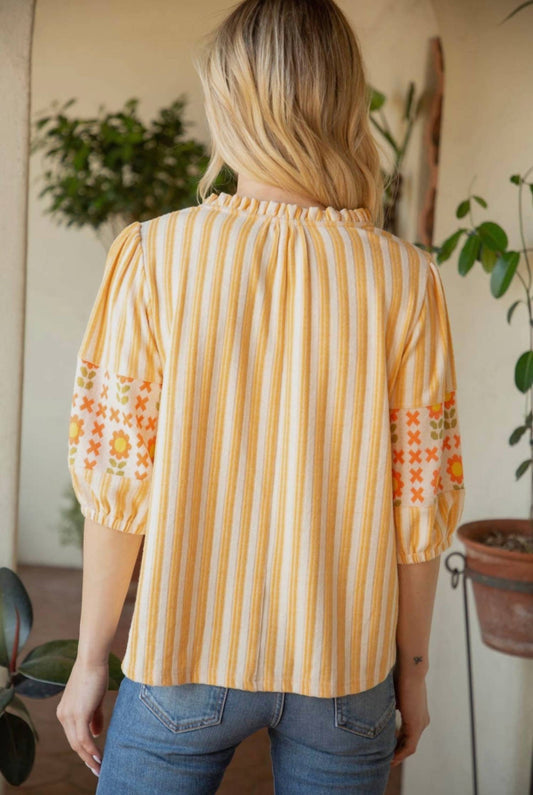 Voy - Stripe and Floral Pattern Mixed Knit Top