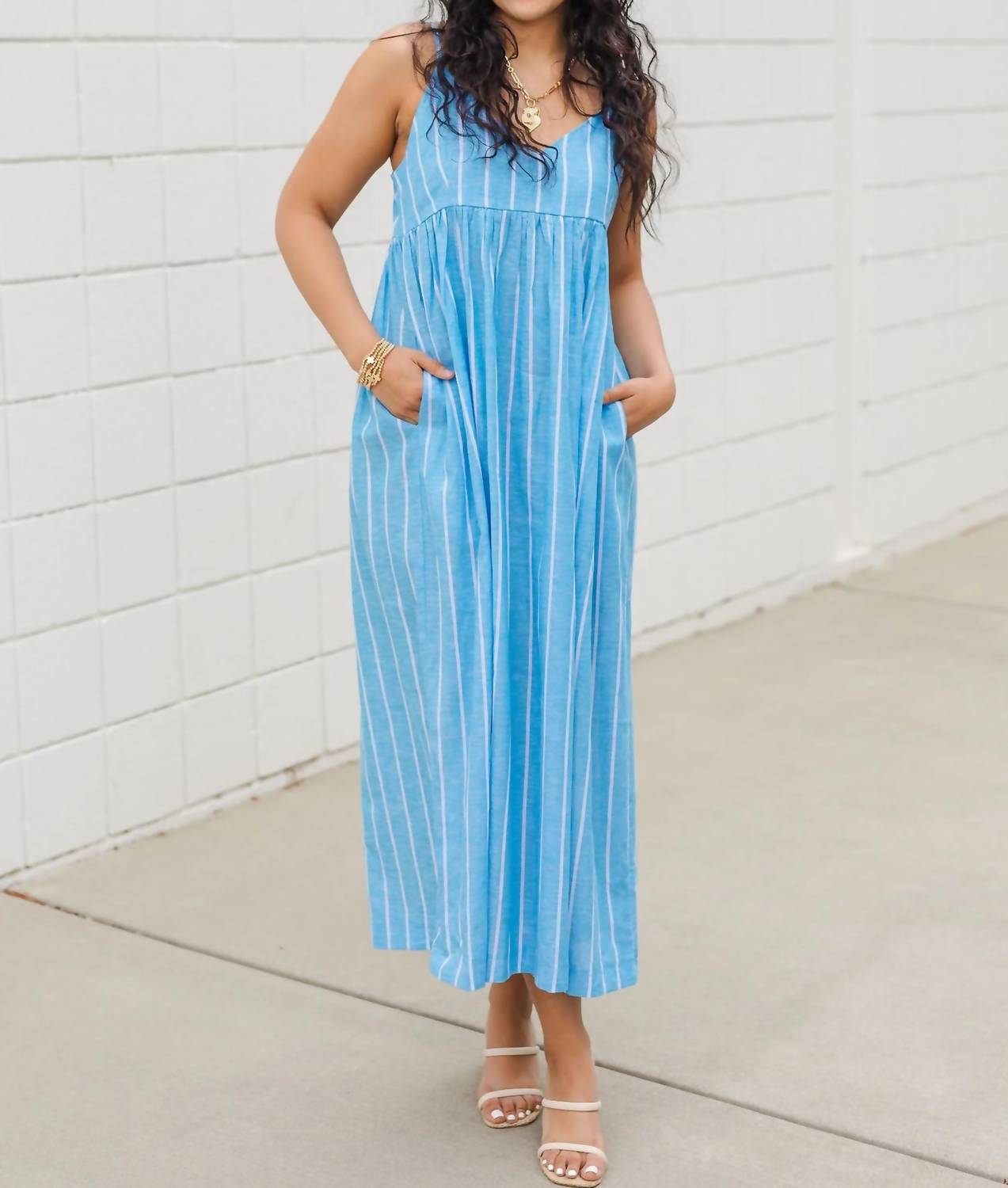 Olivaceous - Country Club Chambray Linen Striped Maxi Dress