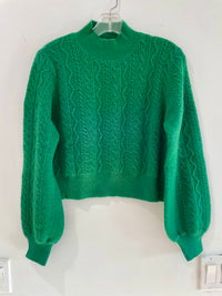 APRICOT Women's Fuzzy Aran Puff Sleeve Mock Neck Top in green - women's sweater - detail view