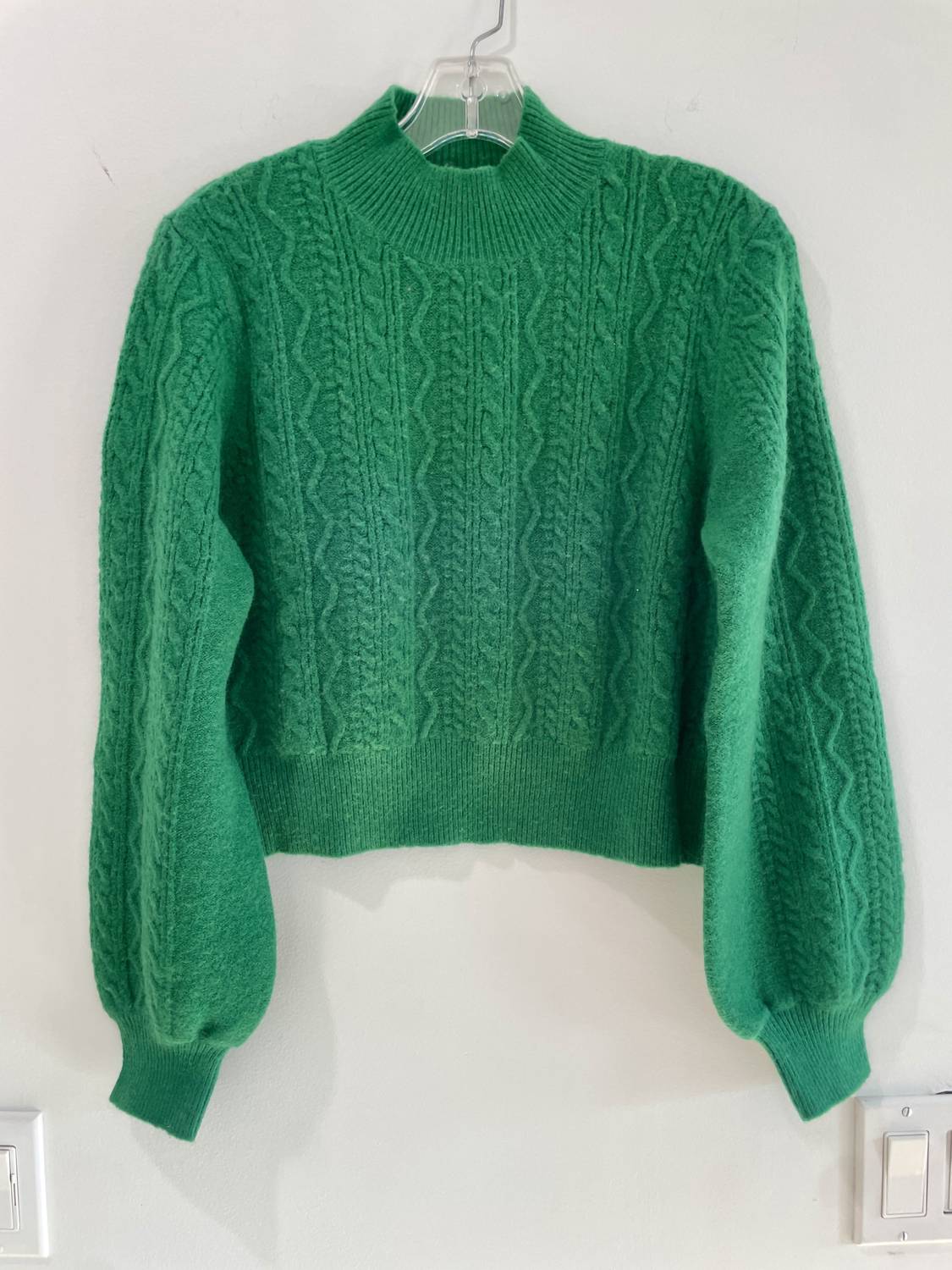 APRICOT Women's Fuzzy Aran Puff Sleeve Mock Neck Top in green - women's sweater - detail view