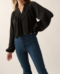 Promesa - Women's Solid Crepe V Neck Pleated Yoke Peasant Top