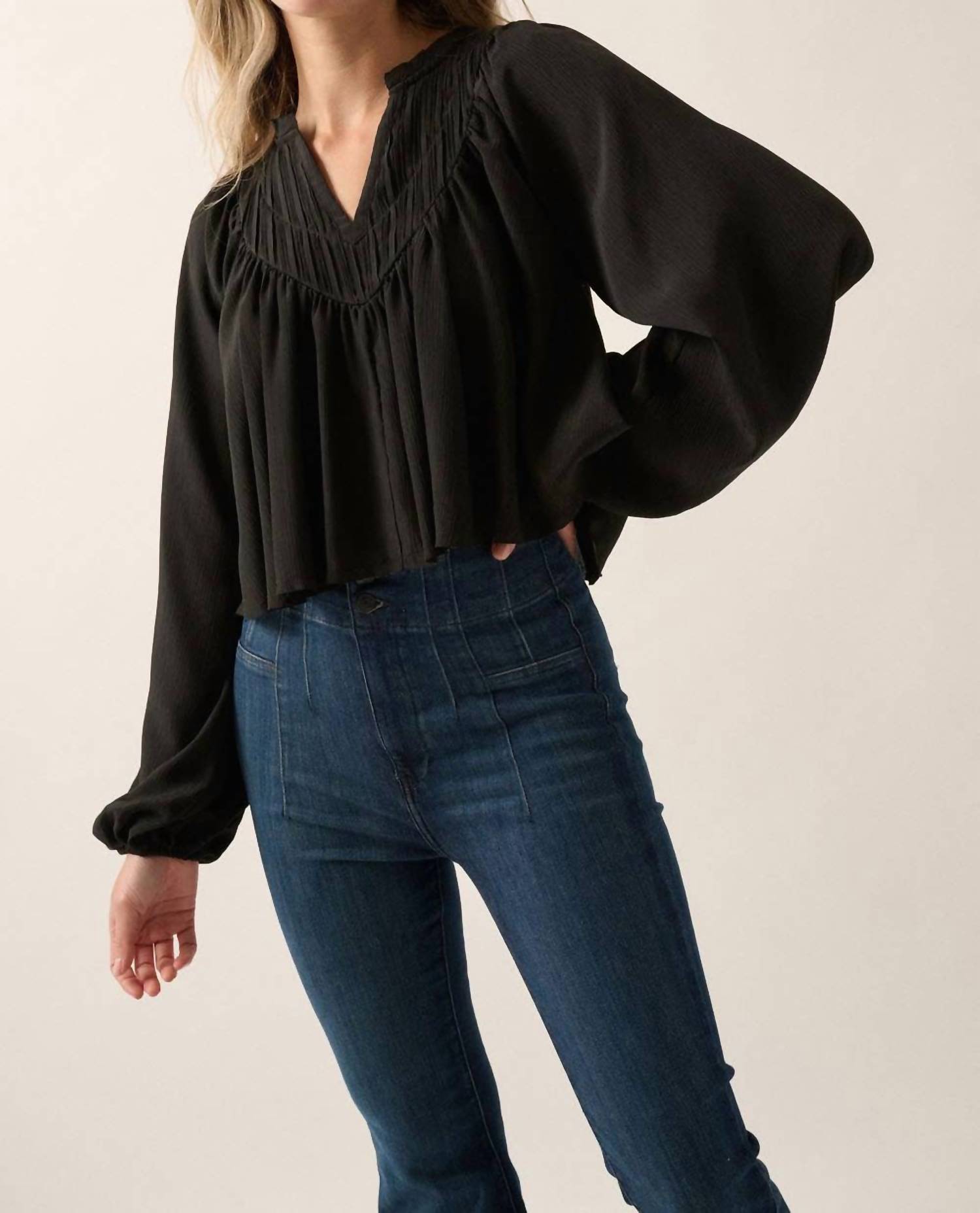 Promesa - Women's Solid Crepe V Neck Pleated Yoke Peasant Top
