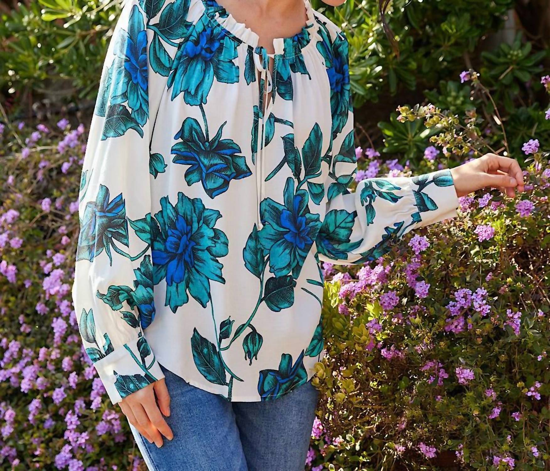 Karen Kane Blouson Sleeve Ruffle Tie-Neck Peasant Top in floral print - women's blouse - view 5