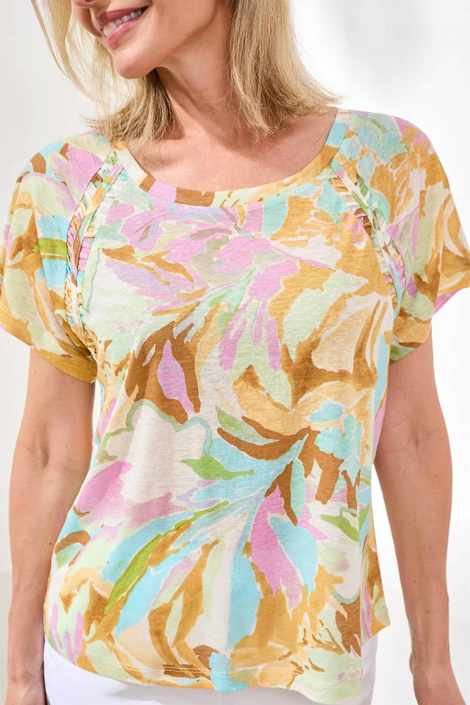 Tribal - Printed Linen Scoop Neck Top With Pleating Detail