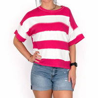 Zenana - Women's French Terry Striped Exposed Seam Top