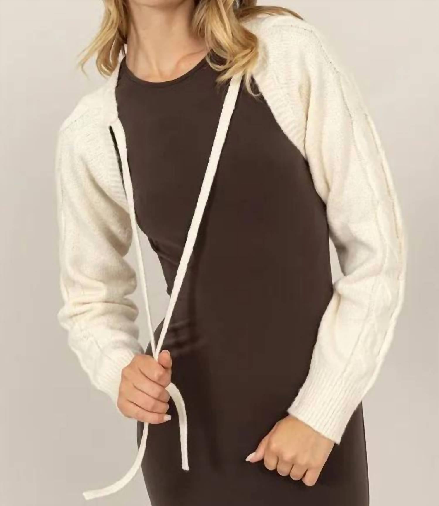 HYFVE Cable Knit Tie Front Shrug in cream - women's sweater