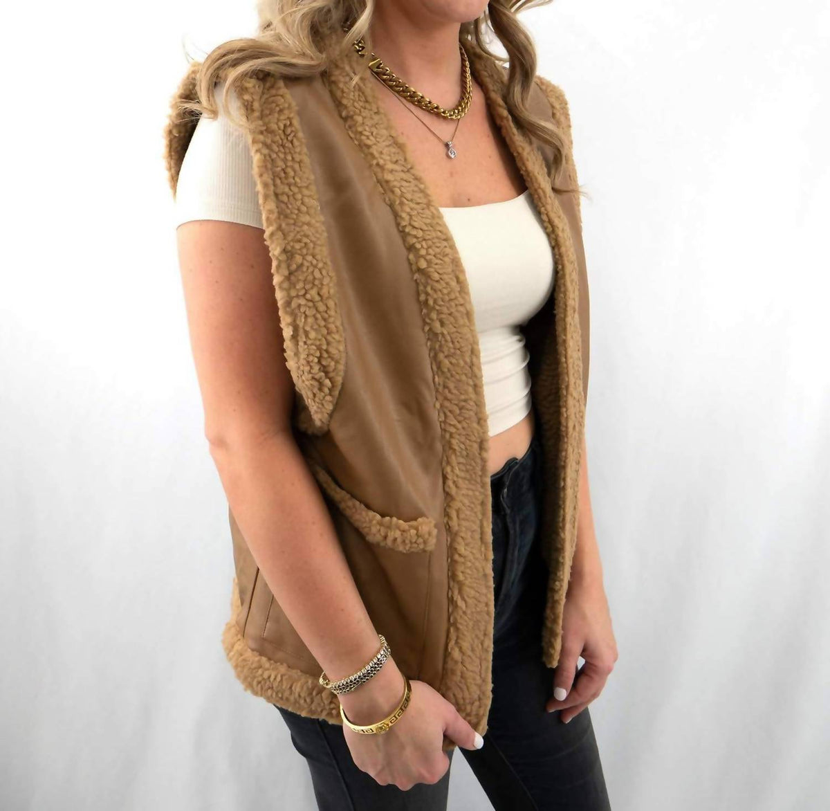 Olivaceous - Women's Sherpa And Faux Leather Vest
