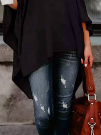 Uzwholesale - Solid Color High-Neck Asymmetric Casual T-Shirt Tops