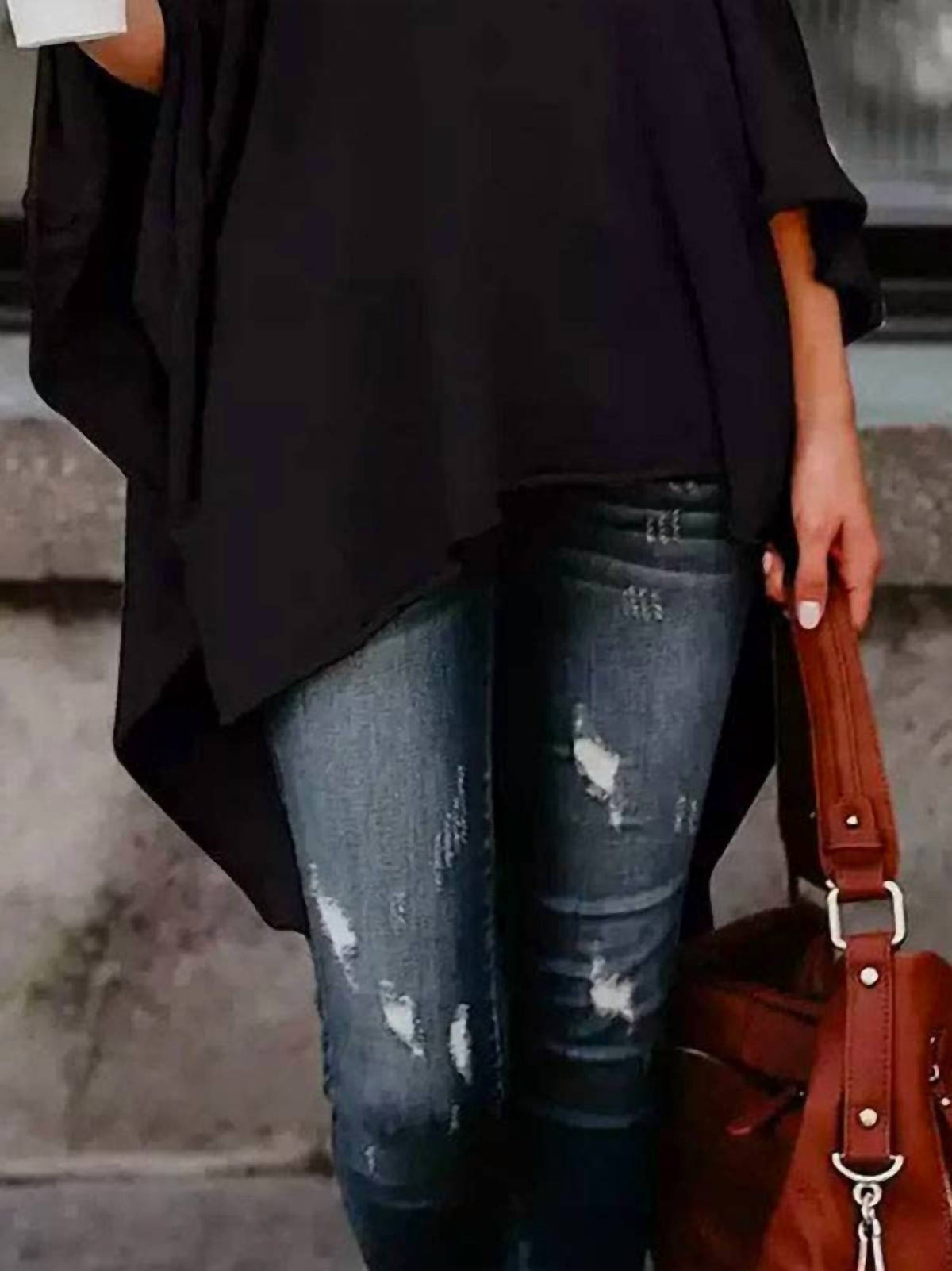 Uzwholesale - Solid Color High-Neck Asymmetric Casual T-Shirt Tops