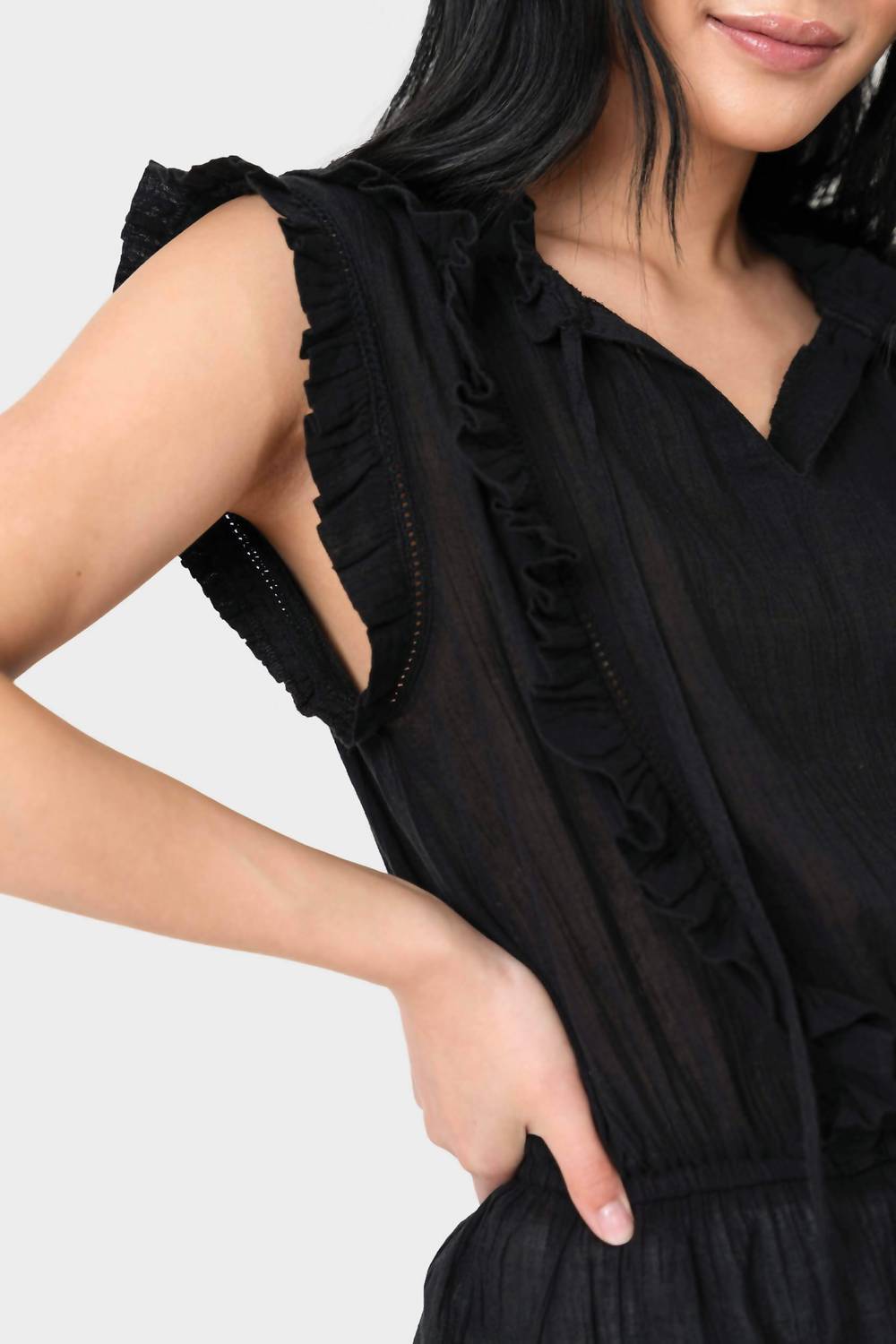 Elan - Sleeveless Ruffle Trim Blouse