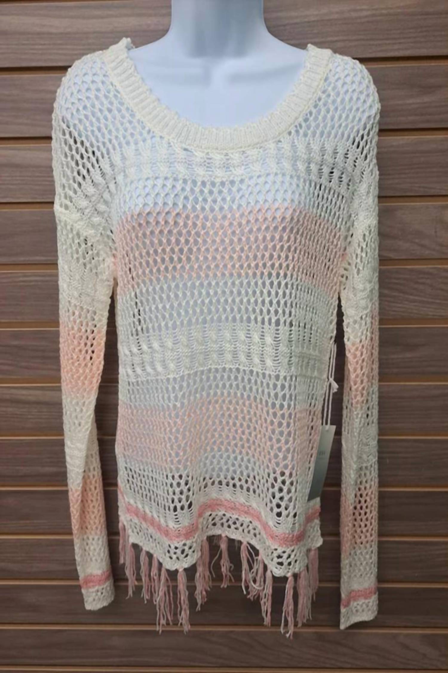 O & O - Women's See Thru Crocheted Fringed Sweater