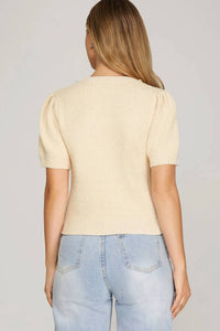 She + Sky - Half Sleeve Bow Beaded Sweater Top