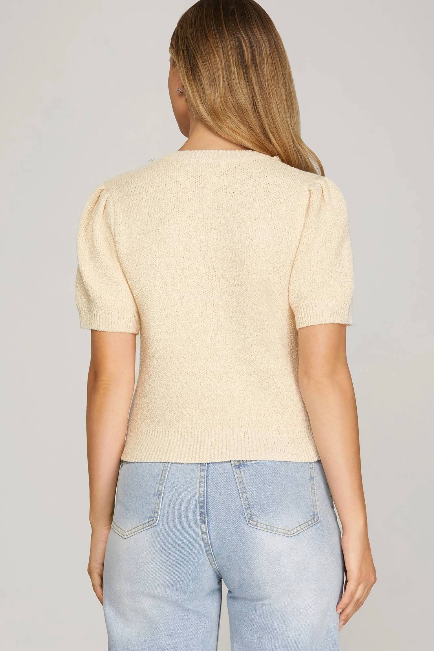 She + Sky - Half Sleeve Bow Beaded Sweater Top