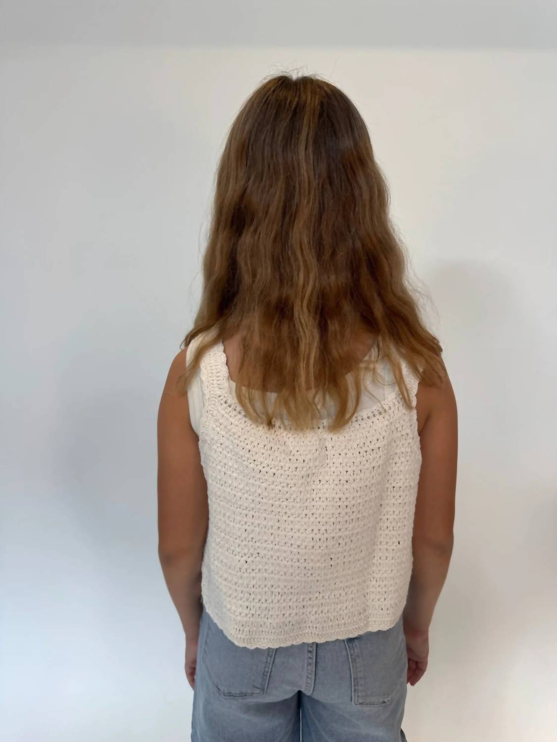 Romi The Brand Girls' Azure Crochet Tank in white - kids' tank top - detail view