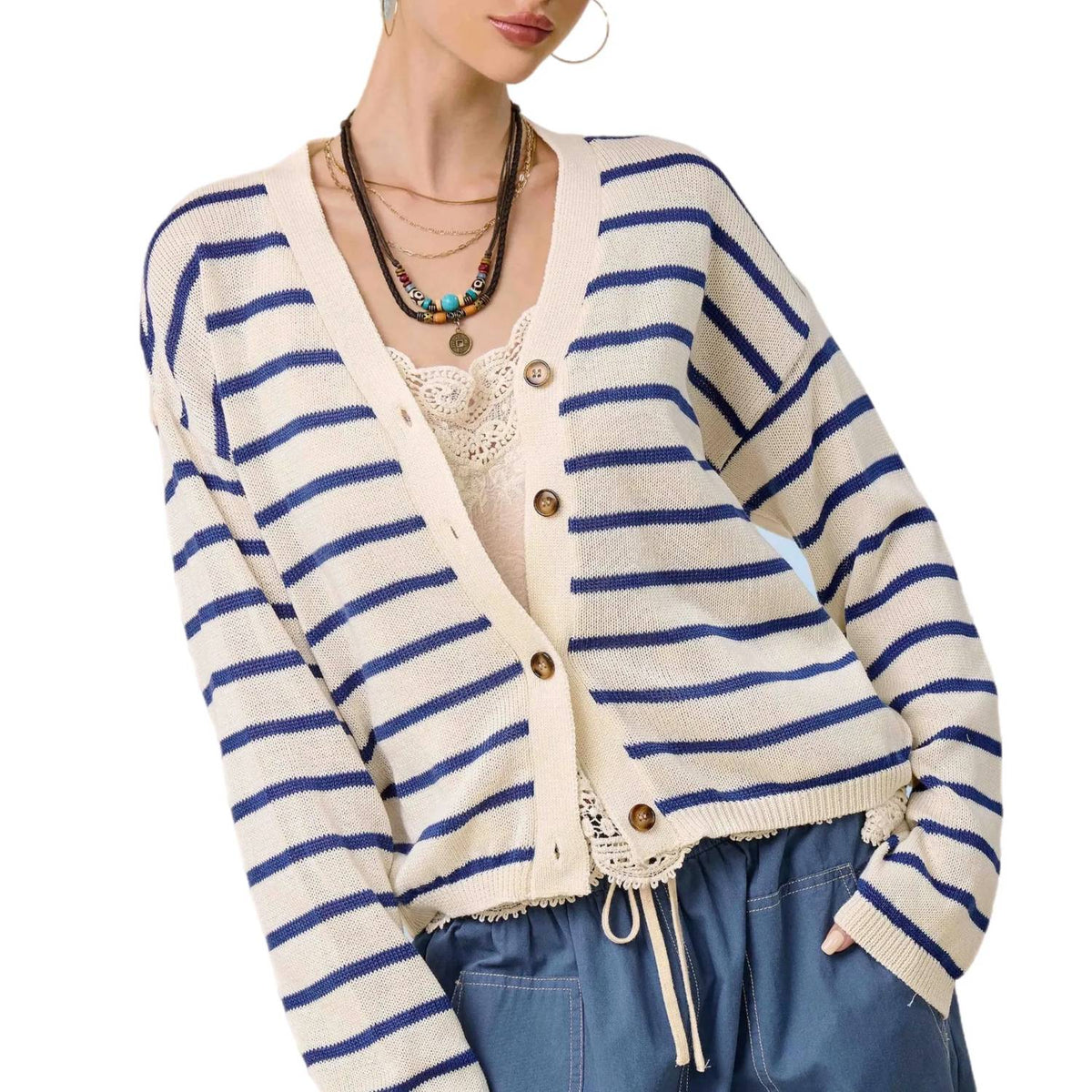 La Miel - Coastal Striped V-neck Cardigan Sweater