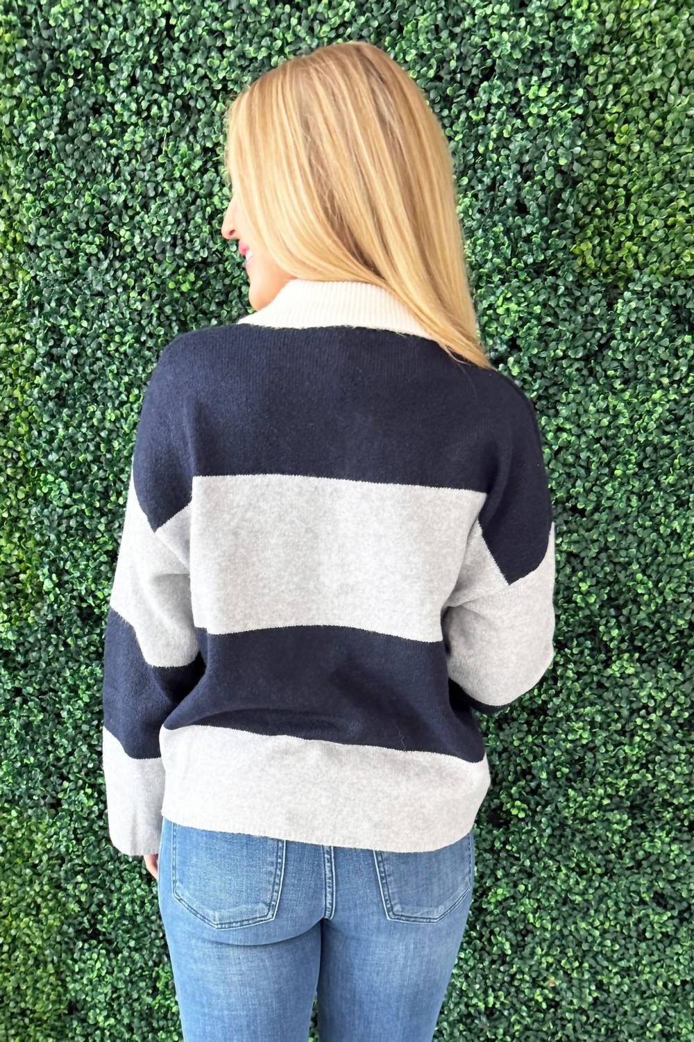 Aaron & Amber Striped Polo Neck Sweater in navy grey - women's long sleeve top - alternate view