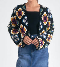 ELAN Crochet Cardigan Sweater in multi colored - women's cardigan - alternate view
