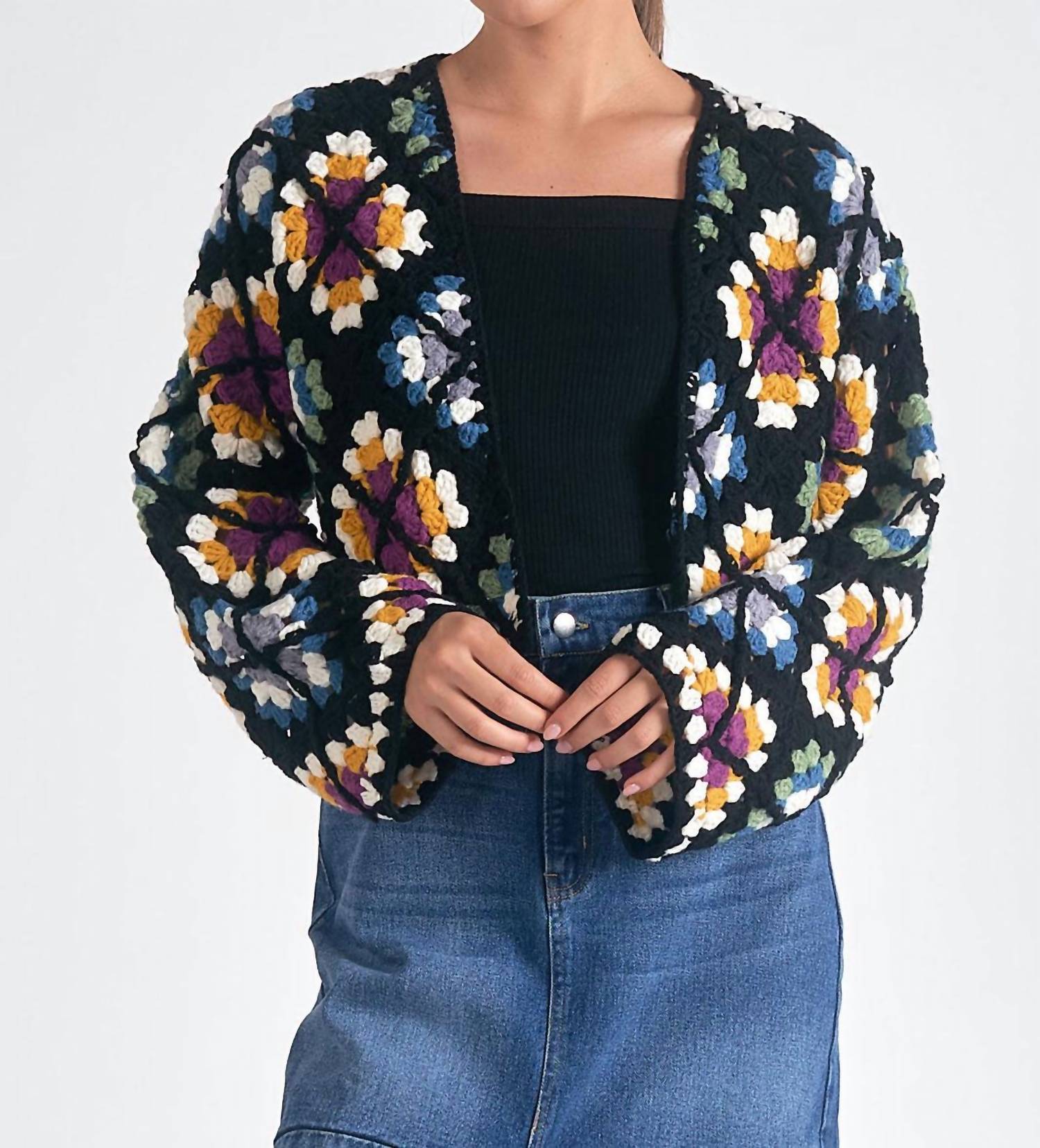 ELAN Crochet Cardigan Sweater in multi colored - women's cardigan - alternate view