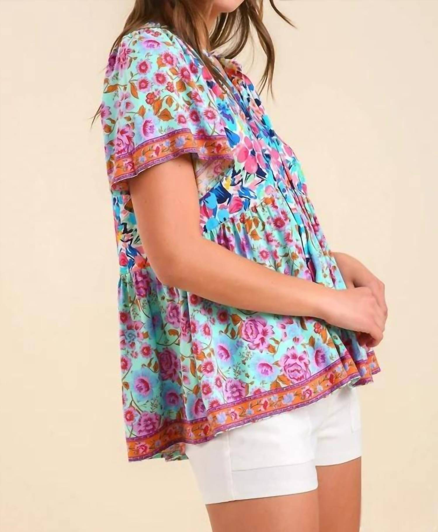 Umgee - Mixed Floral Print Bohemian Top