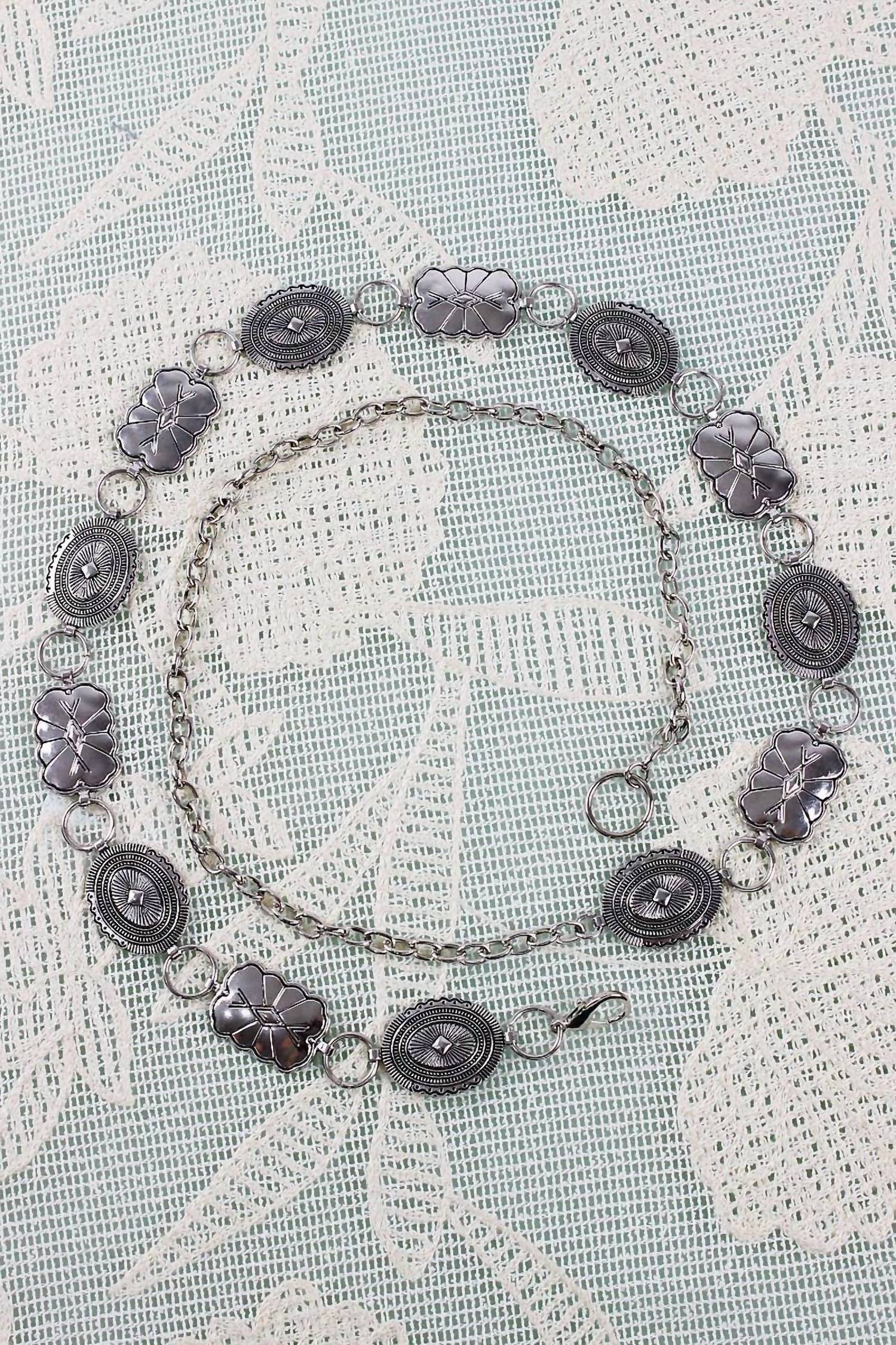 LETO Women's Geometric Western Chain Belt in antique silver - women's accessory