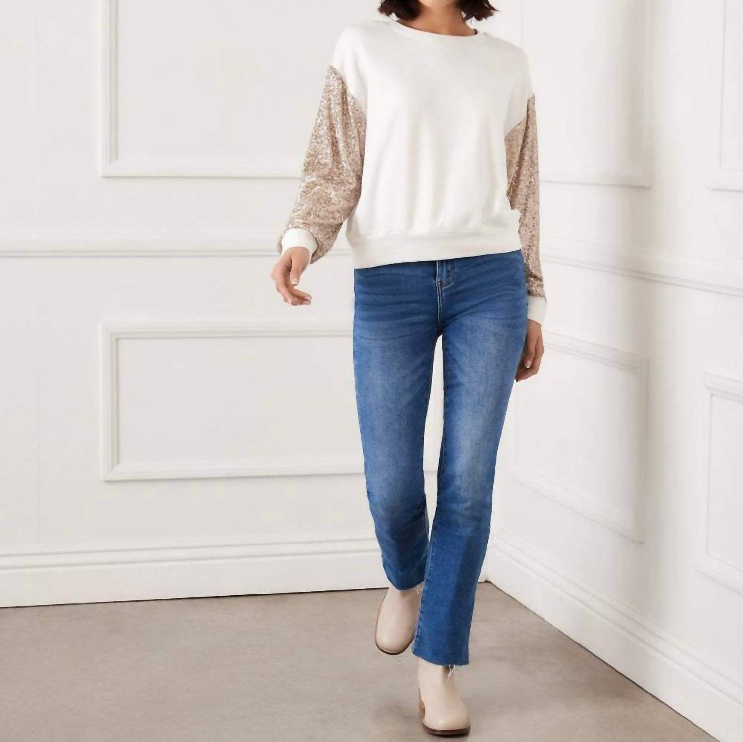 Karen Kane Sequin Sleeve Top in cream - women's shirt - alternate view