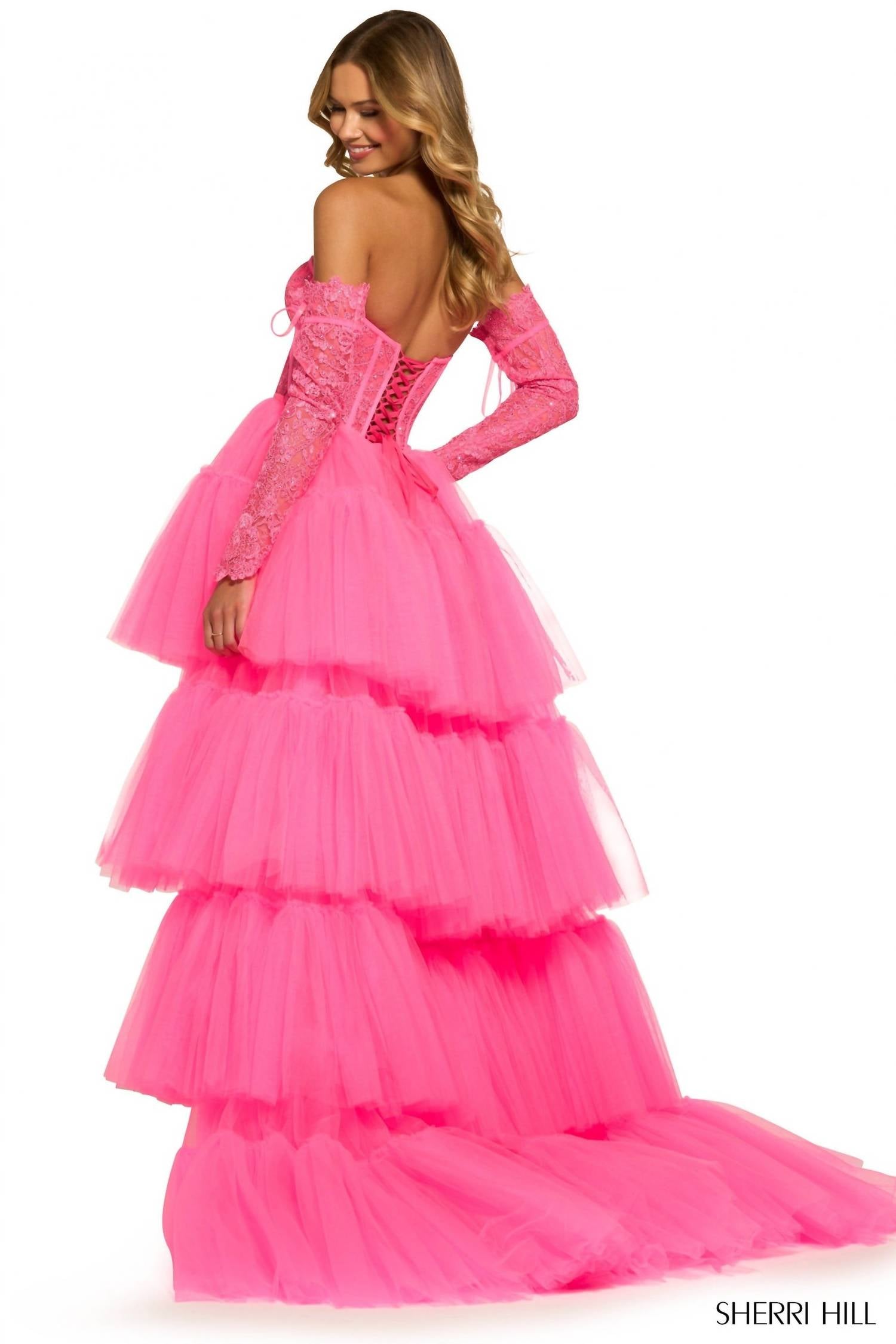 Sherri Hill Layered Skirt High Low Dress in bright fuchsia - women's dress - alternate view
