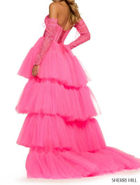 Sherri Hill Layered Skirt High Low Dress in bright fuchsia - women's dress - detail view