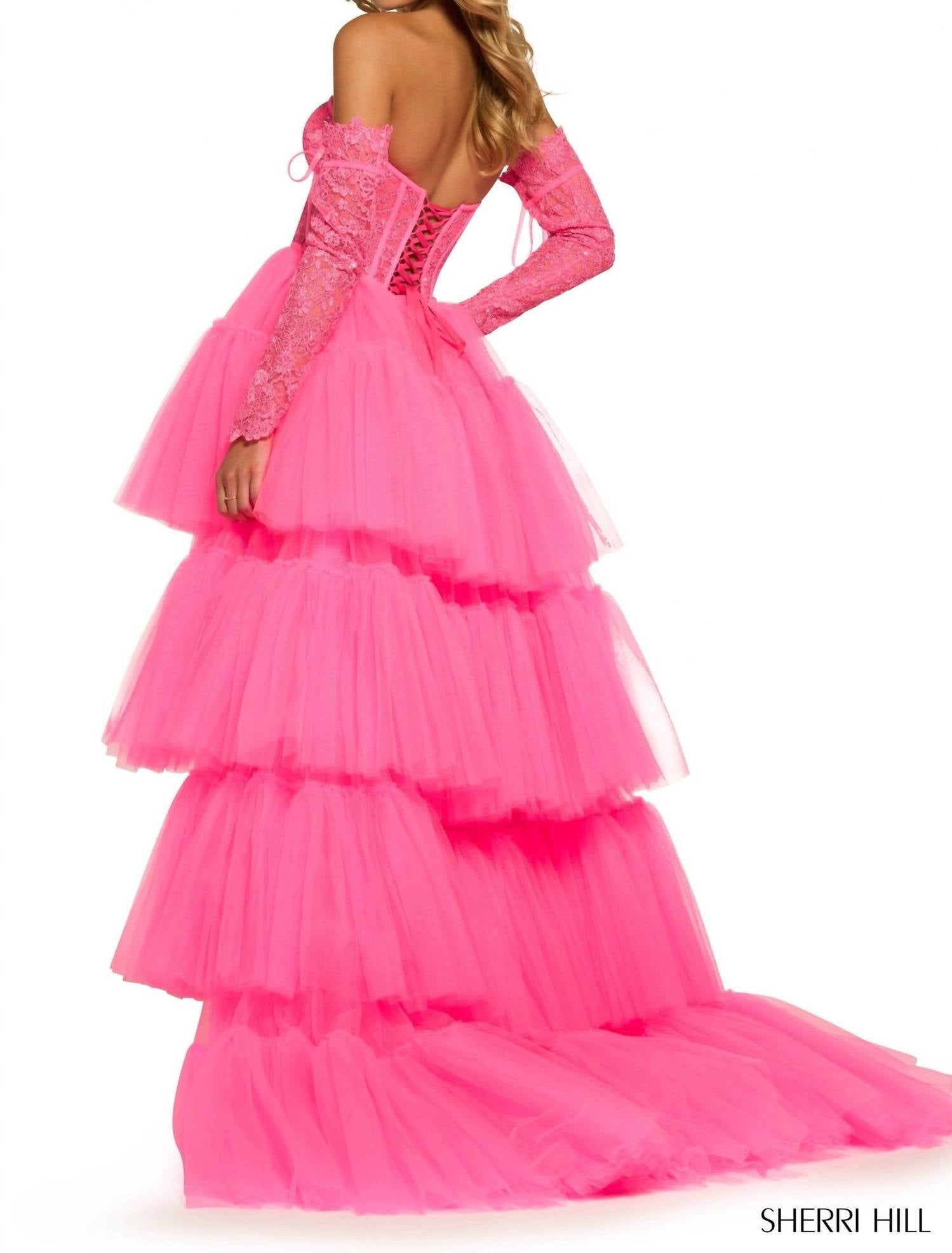 Sherri Hill Layered Skirt High Low Dress in bright fuchsia - women's dress - detail view