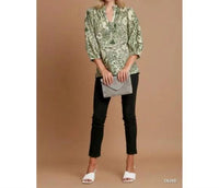 umgee Paisley Button Down V Neck Blouse in olive - women's blouse - detail view