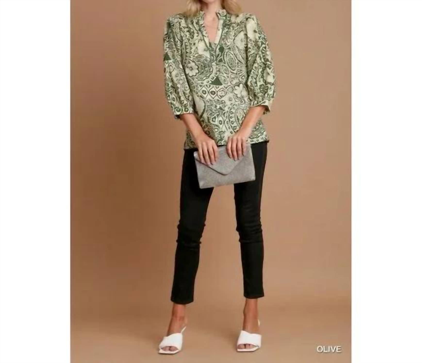 umgee Paisley Button Down V Neck Blouse in olive - women's blouse - detail view