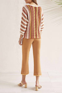 TRIBAL 3/4 Sleeve Lace Up Boat Neck Sweater in brandy multi - women's sweater - alternate view