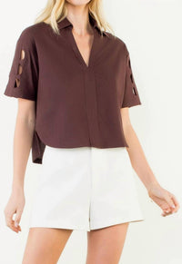 THML Women's Short Sleeve Cutout Top in brown - women's blouse