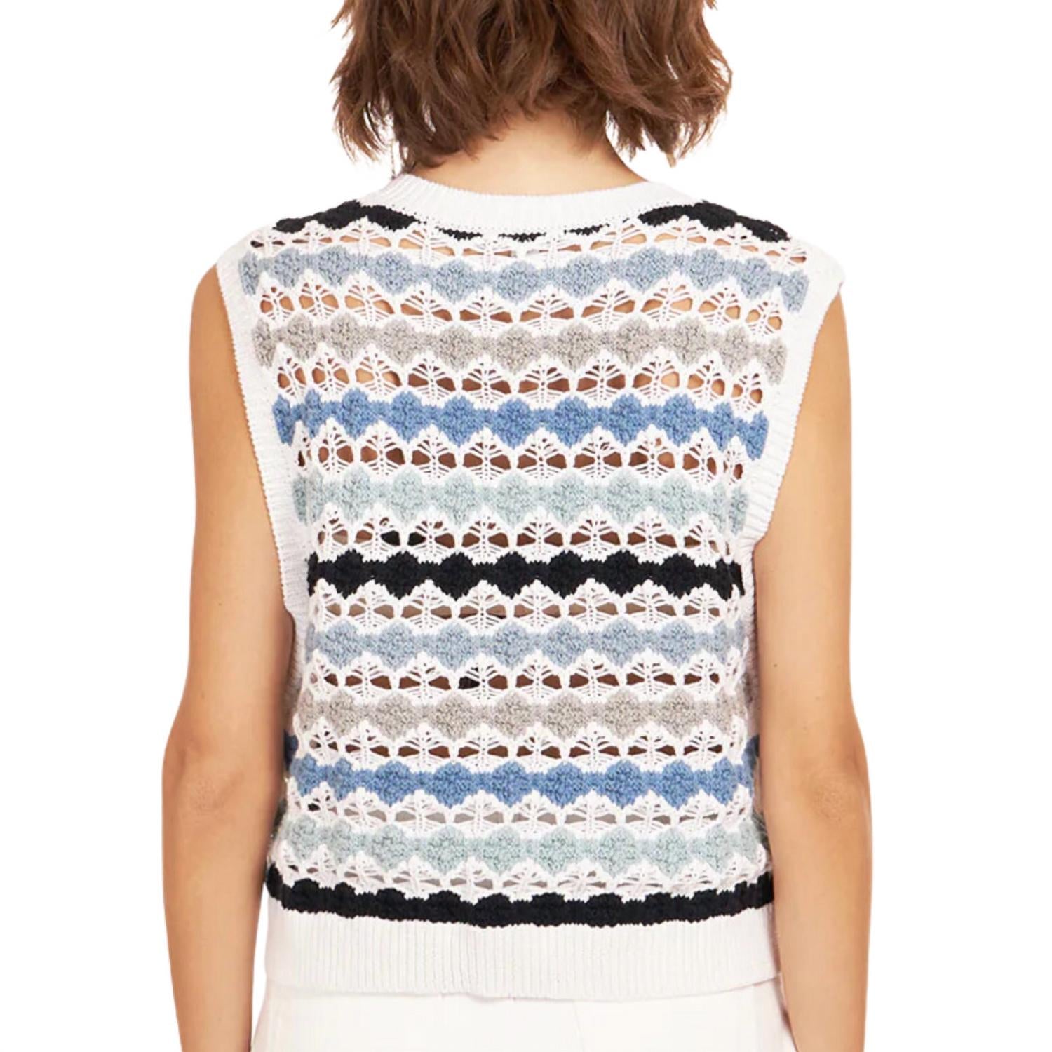 Autumn Cashmere Multi Pointelle Cropped Tabard Vest in blue white - women's sweater - alternate view
