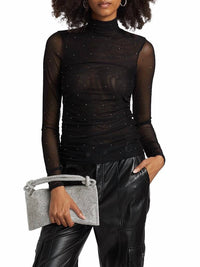 cinq a sept Heatset Shirred Mesh Turtleneck Top in black silver - women's sweater