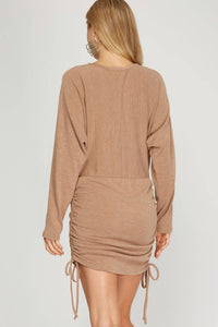 She + Sky - Long Dolman Sleeve Knit Dress With Drawstring Ruched Sides