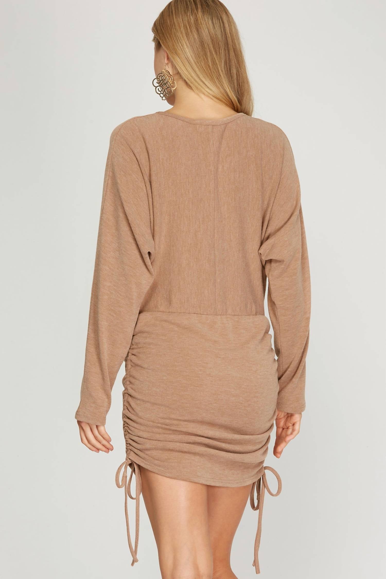 She + Sky - Long Dolman Sleeve Knit Dress With Drawstring Ruched Sides