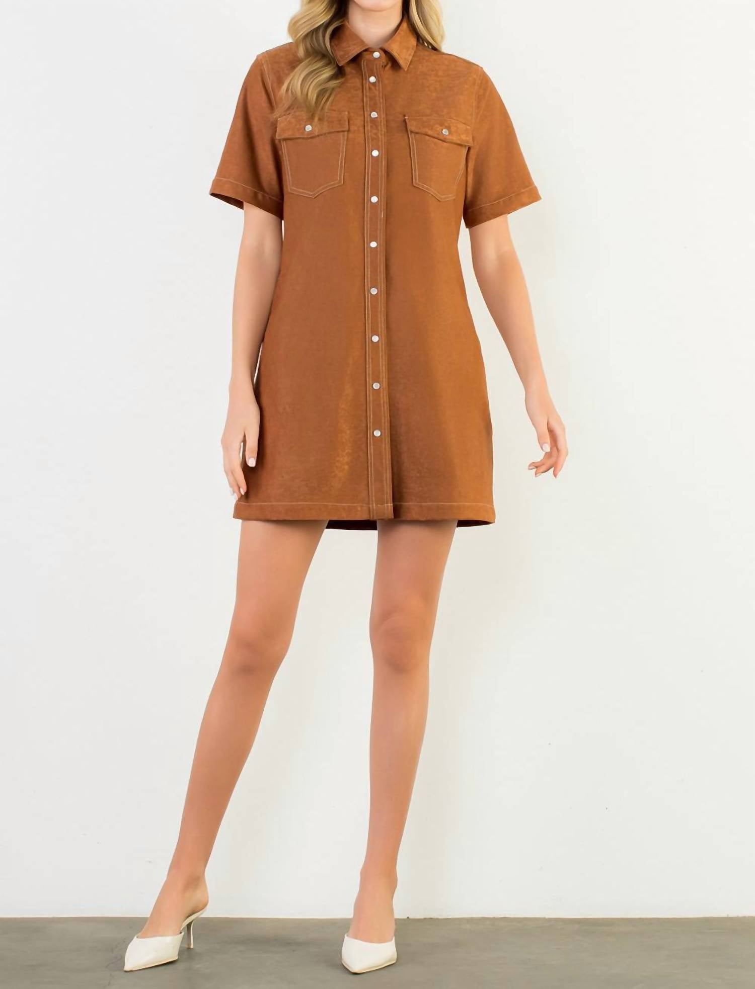 THML Short Sleeve Suede Dress in brown - women's dress