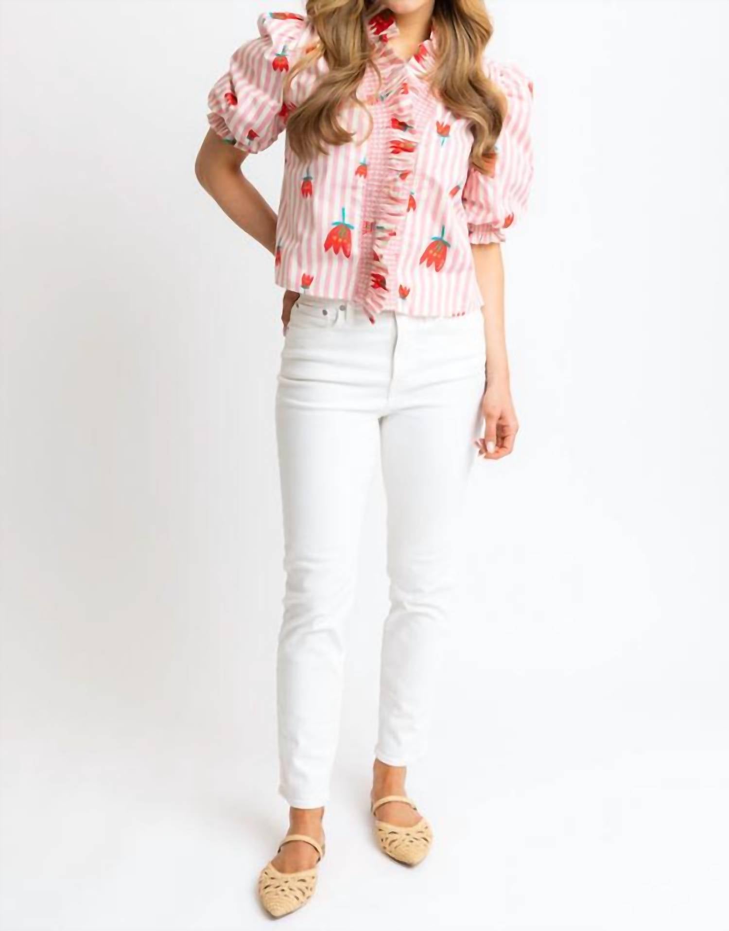Karlie - Stripe Poppy Ruffle Button Up Top