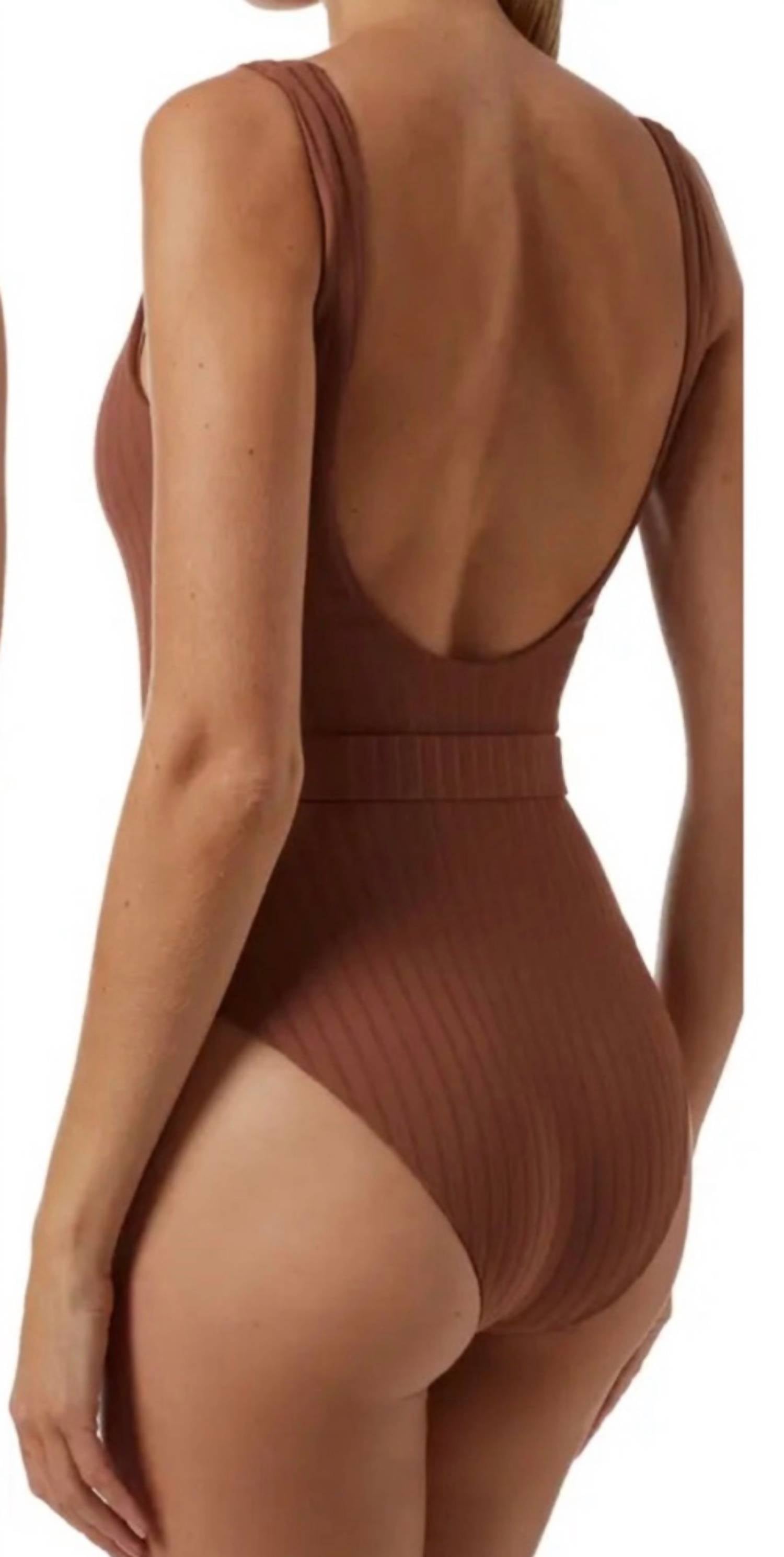 Melissa Odabash Texas Coco Ribbed One Piece Swimsuit in brown - women's swimwear - detail view
