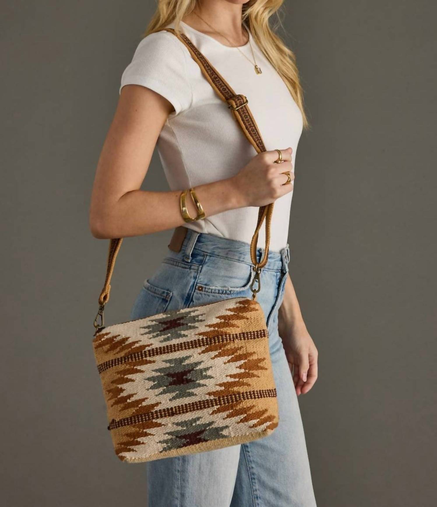 Panache Apparel Women's Western Aztec Cotton Crossbody Bag in tan camel teal - women's bag - detail view