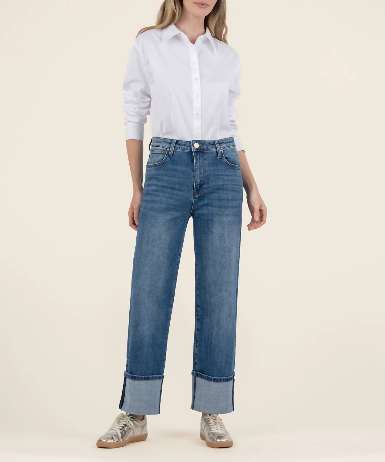 KUT FROM THE KLOTH Sienna High Rise Wide Leg Roll Up Jeans in alert - women's jeans