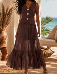 Surelymine - Sheer Maxi Skirt & Knit Vest Two-Piece Set