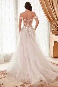 Cinderella Divine - Nova Off Shoulder Bustier Floral Applique Tulle Wedding Dress