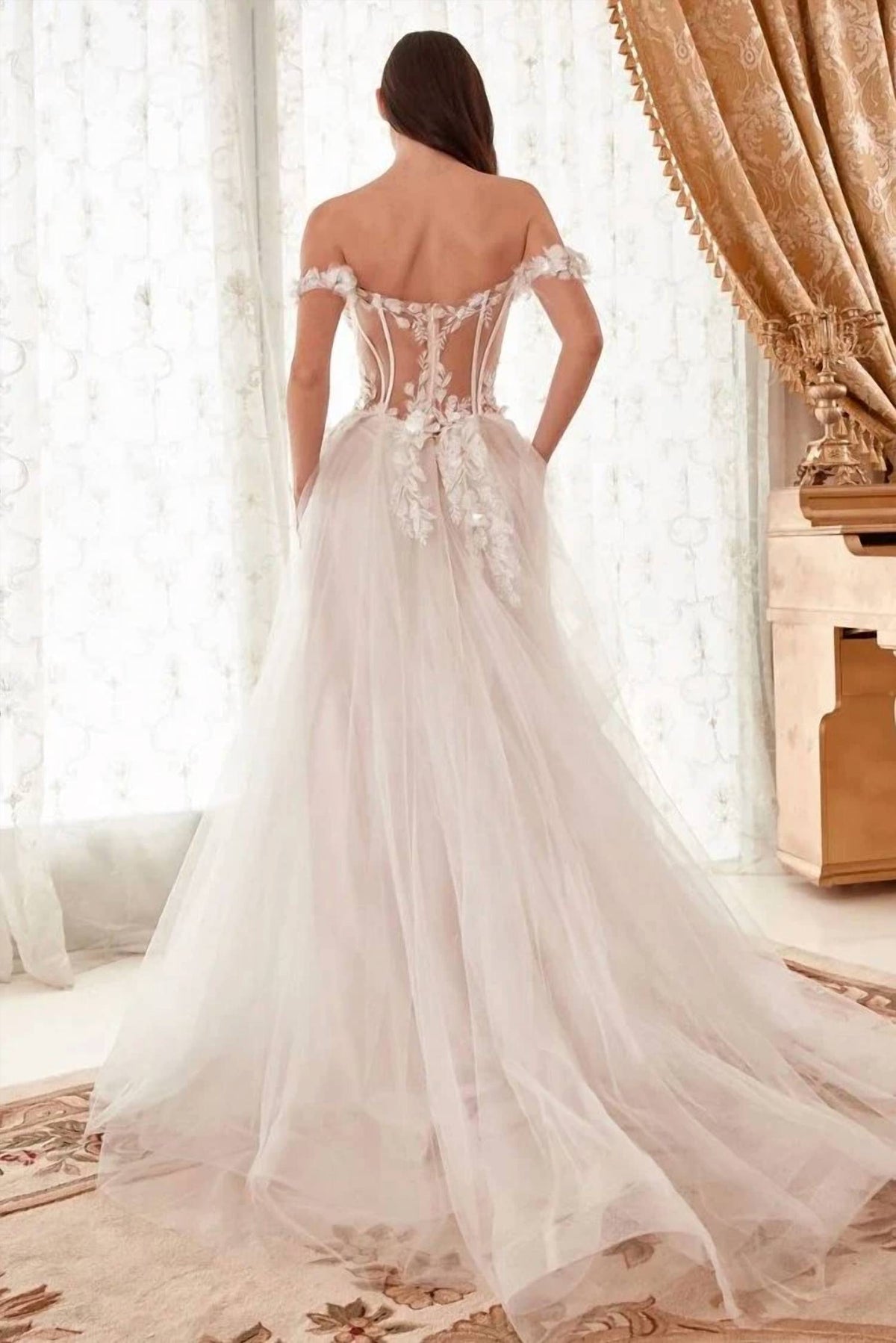Cinderella Divine - Nova Off Shoulder Bustier Floral Applique Tulle Wedding Dress