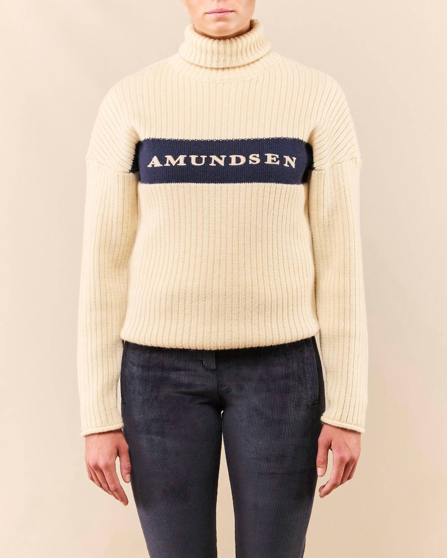 AMUNDSEN Men's Ski Turtleneck Top in cream navy - men's sweater