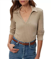 Michael Stars Liyah London Rib Long Sleeve Collared Tee in macadamia - women's long sleeve top - alternate view