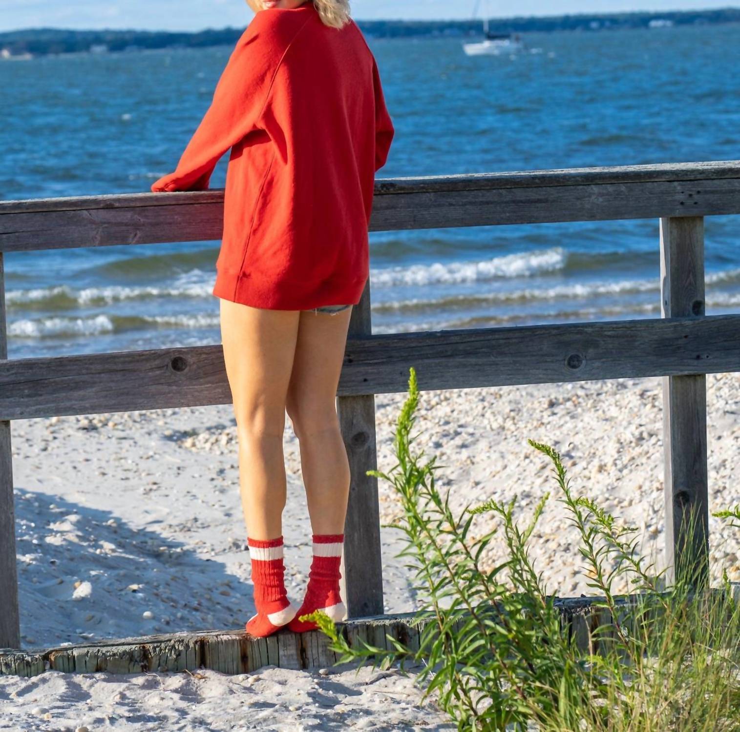 Upstate Stock Women's Amagansett Beach Upcycled Terry Sweater in cherry red - women's sweater - alternate view