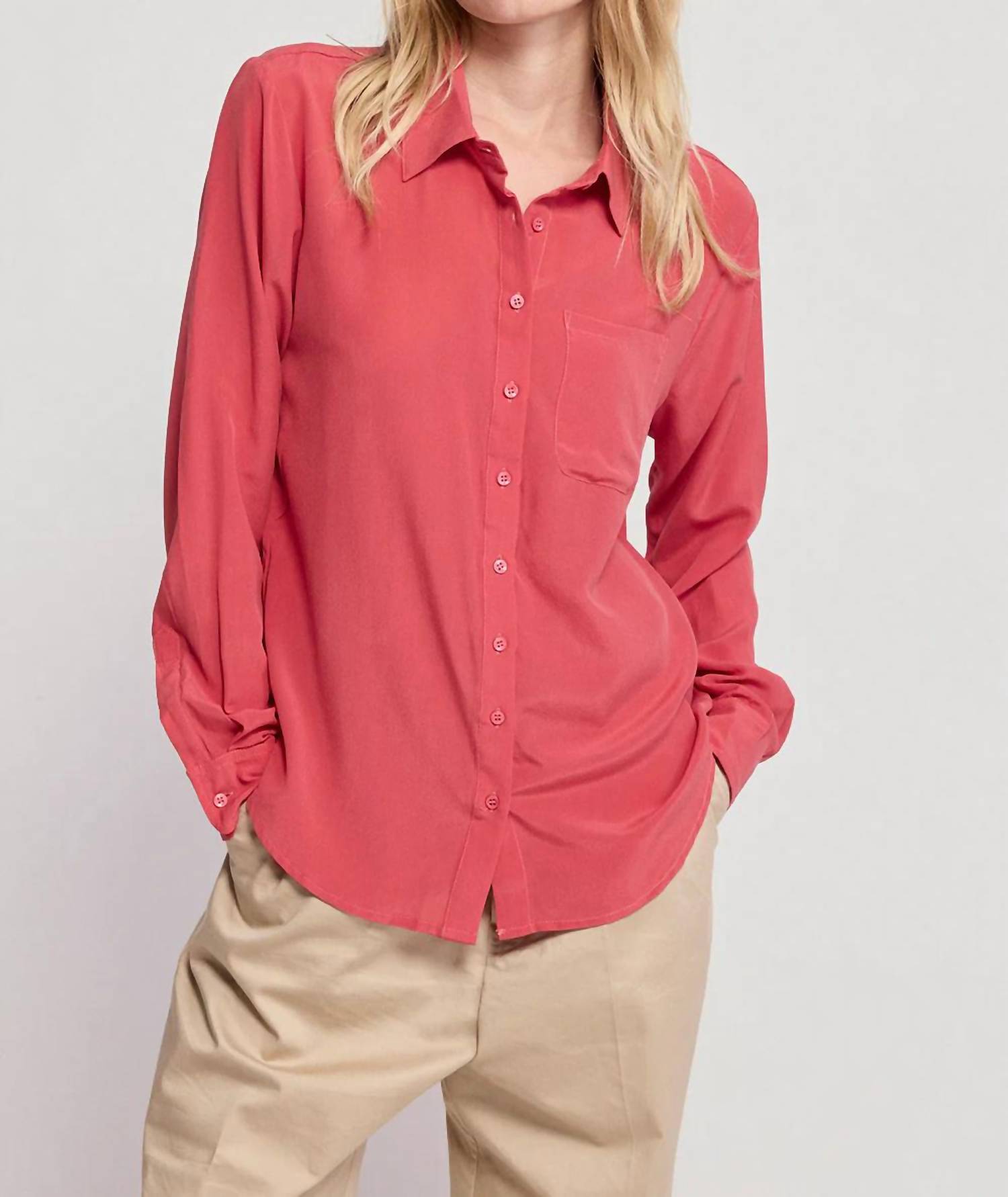THE SHIRT Signature Silk Shirt Top in brick red - women's long sleeve top