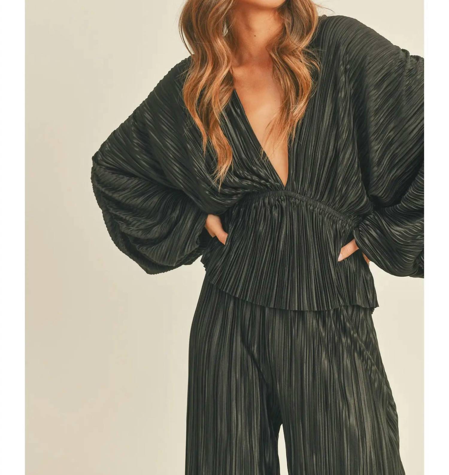 Miou Muse - Wrinkle Detail V Neck Blouse